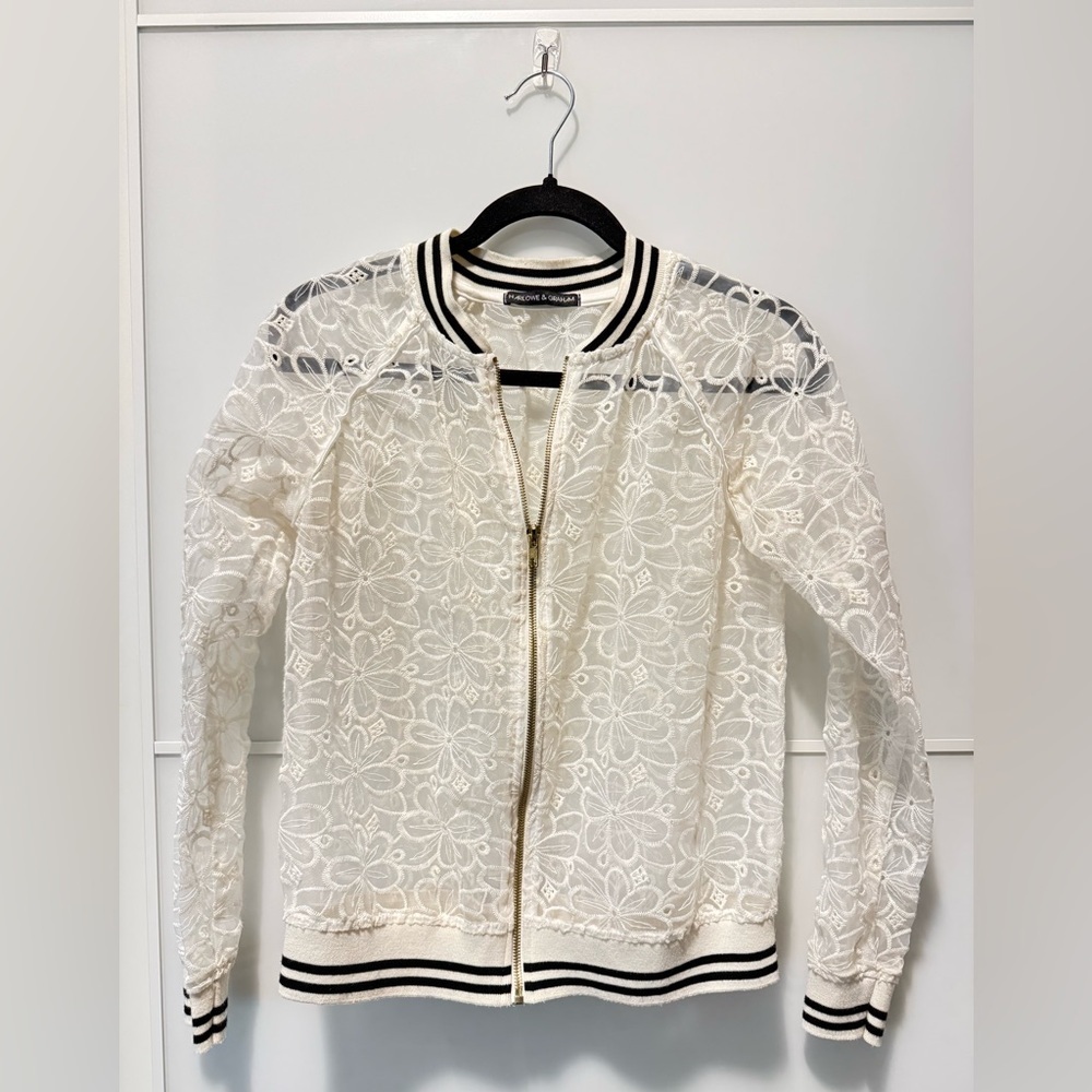 Harlowe & Graham Cream Lace Bomber Jacket with Striped Trim
